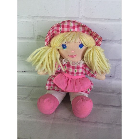 VTG 1996 Dolly Mine Plush Stuffed Doll Pink Plaid Dress Blond Hair Well Made Toy - Picture 1 of 8